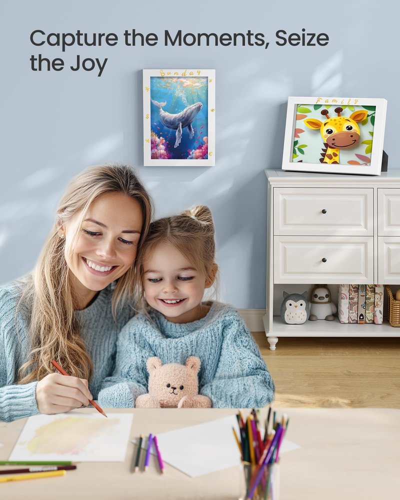 SONGMICS Kids Artwork Frames Changeable, Set of 2, A4, 8.5x11 Art Picture Frame Display for Room Decor, Each Storage up to 150 Drawings, with Mats, Stickers, Non-Trace Nails, Matte White URPF052W02
