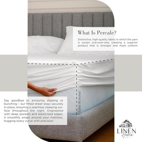 Linen Home 100% Cotton Percale Queen Sheets Set - White Deep Pocket, 4 Pieces for Crisp Comfort