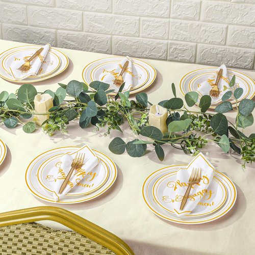 Geyoga 96 Pcs Happy Engagement Party Decorations White Gold Engaged Plates and Napkins She Said Yes Disposable Dinnerware Happy Engagement Plates for Wedding Bridal Shower Party Supplies Serve 24