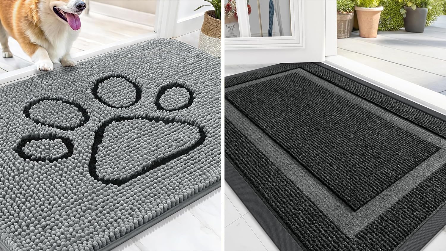 OLANLY Chenille Dog Door Mat - Indoor/Outdoor Entrance Mat Bundle | Grey 30x20 in & Black 29.5x17 in