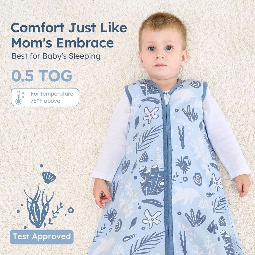 Unnivoll Baby Sleep Sack - 100% Cotton Lightweight 0.5 TOG Wearable Blanket | 0-6 Months, Blue Dolphin