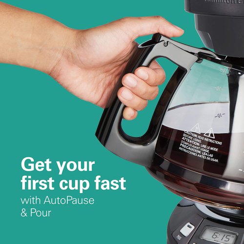 Hamilton Beach 12 Cup Programmable Drip Coffee Maker with 3 Brew Options, Glass Carafe, Auto Pause and Pour, Black Stainless (46293)