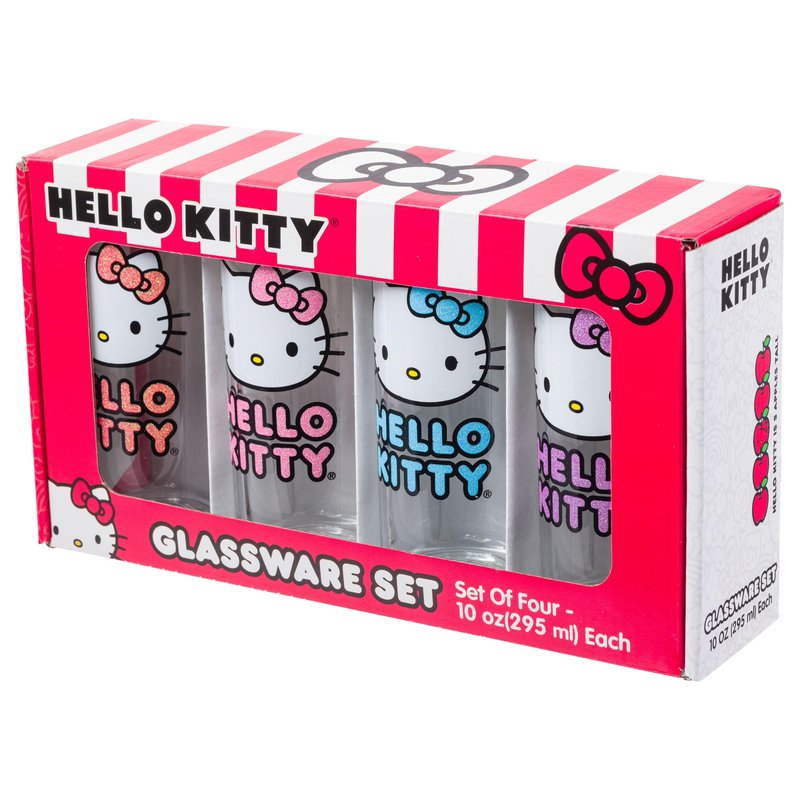 Silver Buffalo Sanrio Hello Kitty 4 Pack Glitter Tumbler Glass Set, 10 Ounces