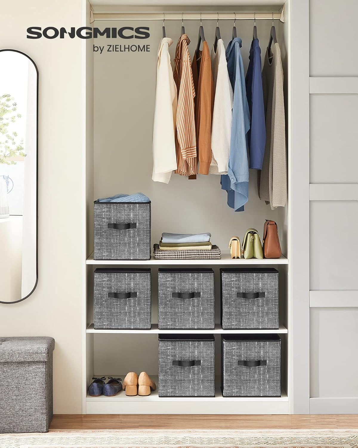 SONGMICS Storage Cubes - 11-Inch Foldable Non-Woven Fabric Bins | Set of 6 Closet Organizers in Classic Black