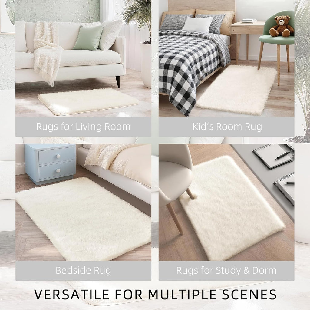 Skiennix Fluffy Cream Area Rug - Ultra Soft Non-Slip Design for Bedroom & Living Room | 2x3 ft
