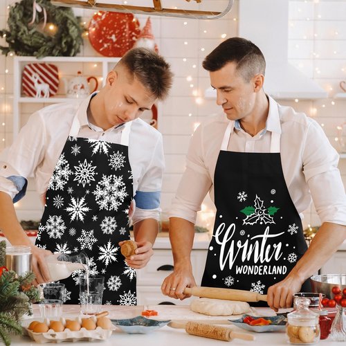 clothmile 4 Pieces Winter Apron Snowflake Bib Apron for Women Adjustable Black Cooking Baking Grilling Bib for Kitchen Witch Decor Gift