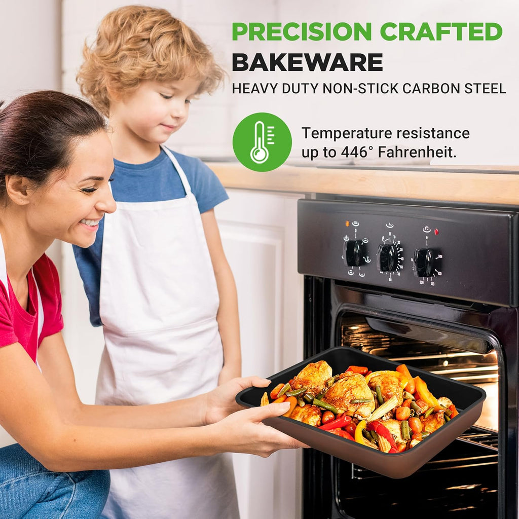 NutriChef 8-Piece Nonstick Bakeware Set - Non-Toxic Carbon Steel Trays with Cookie Sheet, Muffin, Loaf, Cake, Round & Square Pans - Easy to Clean & Oven Safe - Brown
