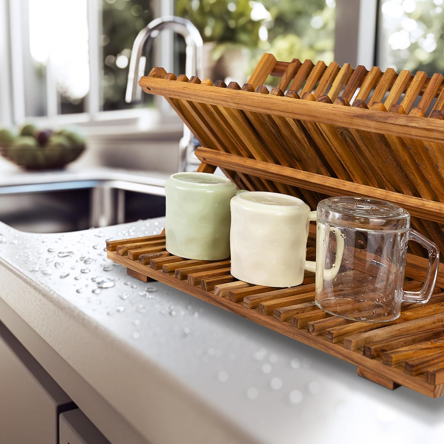 Utoplike Teak Dish Drying Rack - Large 3-Tier Collapsible Kitchen Organizer for Plates & Cups
