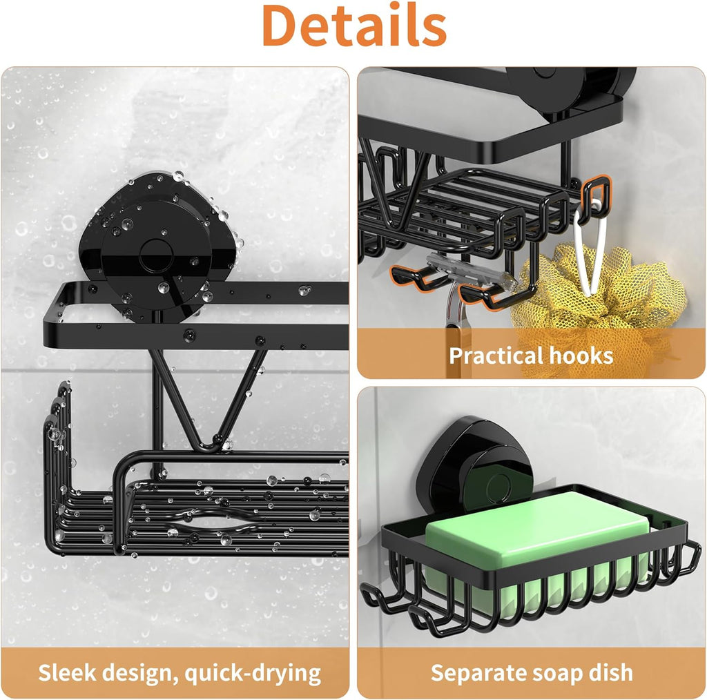 ZUNTO Shower Caddy - 3-Piece Suction Cup Organizer Set with Soap Holder & Hooks | No-Drill Bathroom Shelves