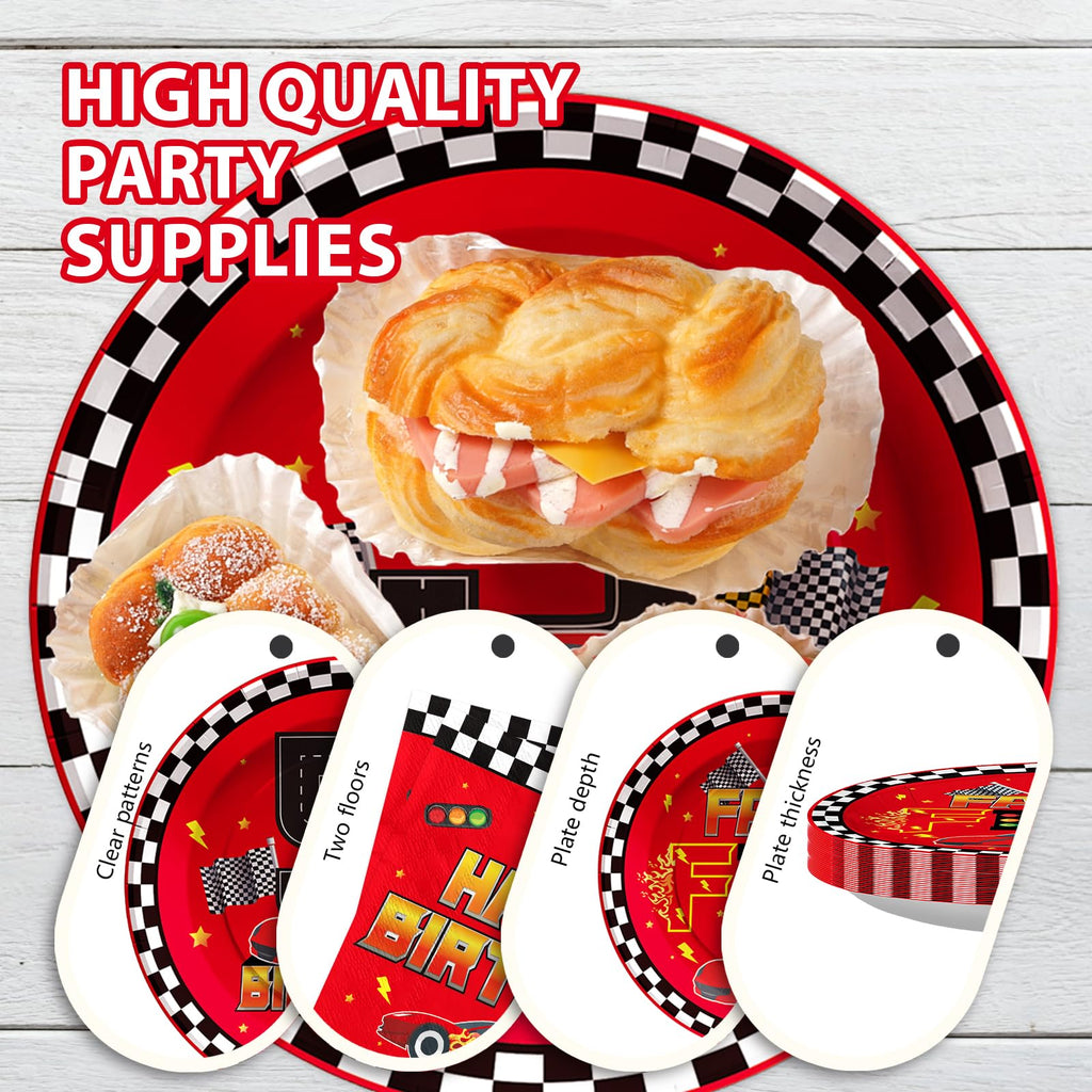 Grencian 96Pcs Red Race Car 5th Birthday Party Decorations Supplies Hot Car Plates and Napkins Racing Themed Disposable Tableware Set for 5 years old Boys Transportation Birthday Party Serve 24