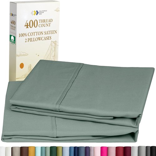California Design Den King Size Pillowcase Set - 400 Thread Count 100% Cotton Sateen | Soft Breathable Sage Green - Set of 2