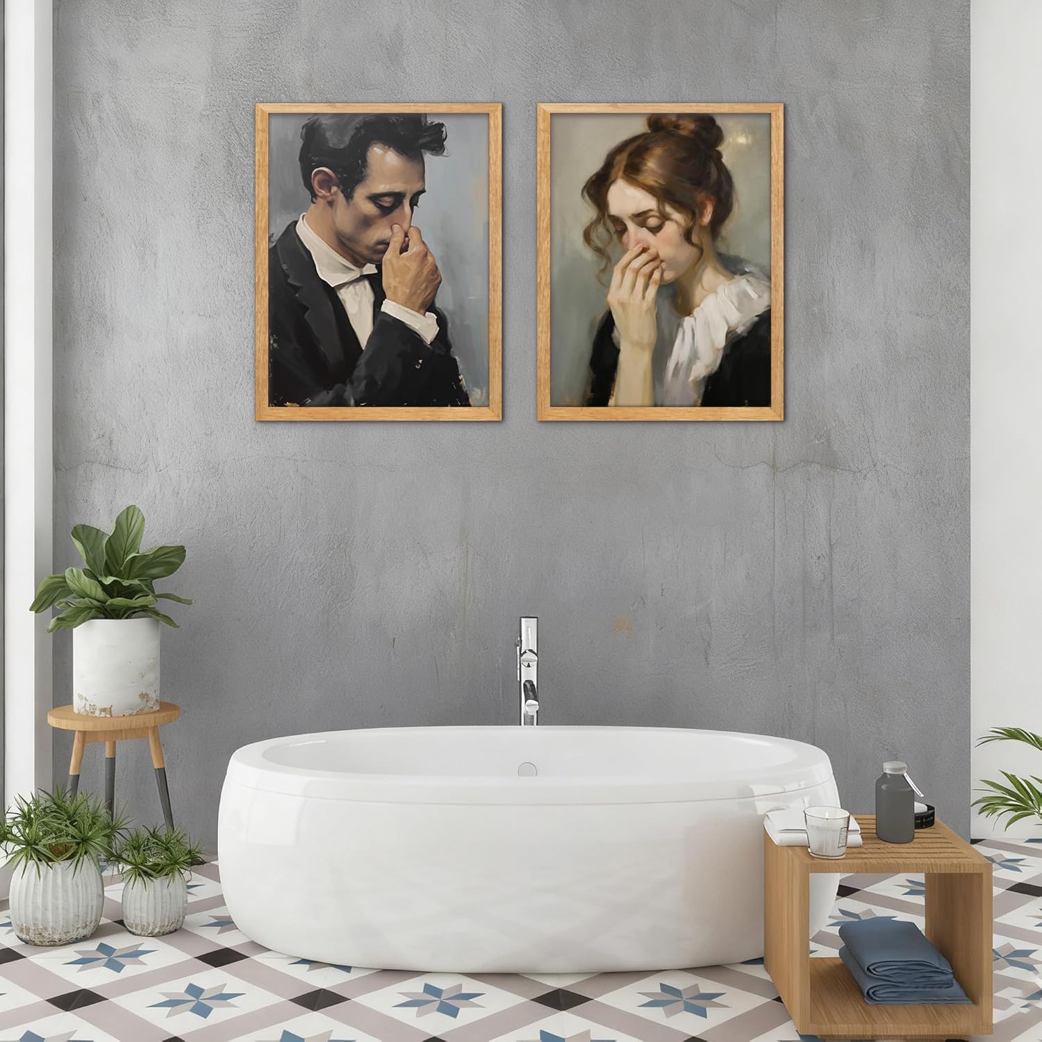 Skiennix Funny Bathroom Canvas Wall Art - Vintage Mid-Century Style Humor - 11" x 15" (2 Pcs)
