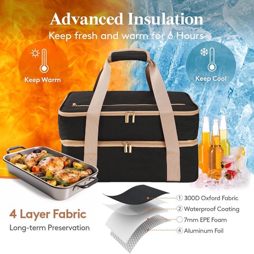 Joyfol Day Double-Decker Insulated Casserole Carrier - Casserole Dish Carrier Hot/Cold Food Tote for Potlucks, Fits 9x13 & 11x15 Pans (Handle-Free) with Heatproof Mat, Black