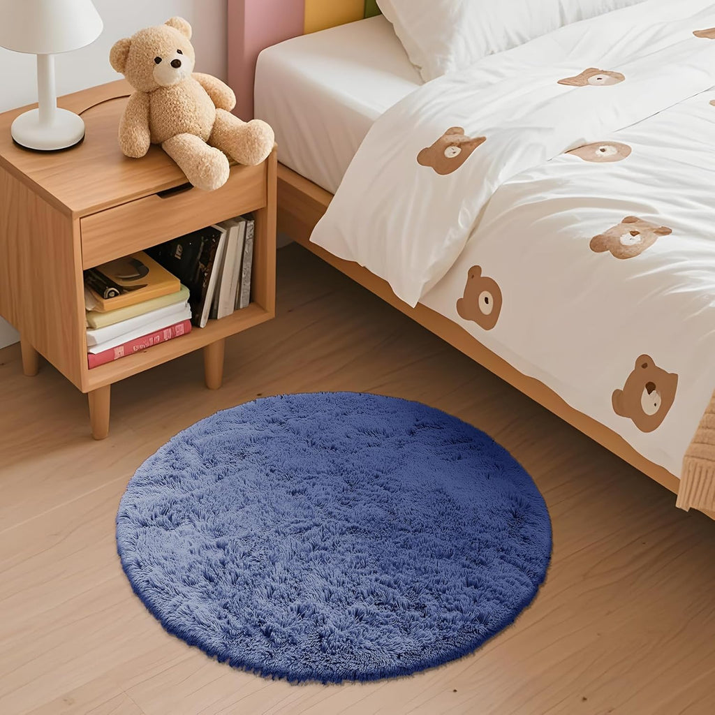 OLANLY Denim Blue Round Rug - Soft, Machine Washable 2 ft Circle Area Rug for Bedroom & Living Room Decor