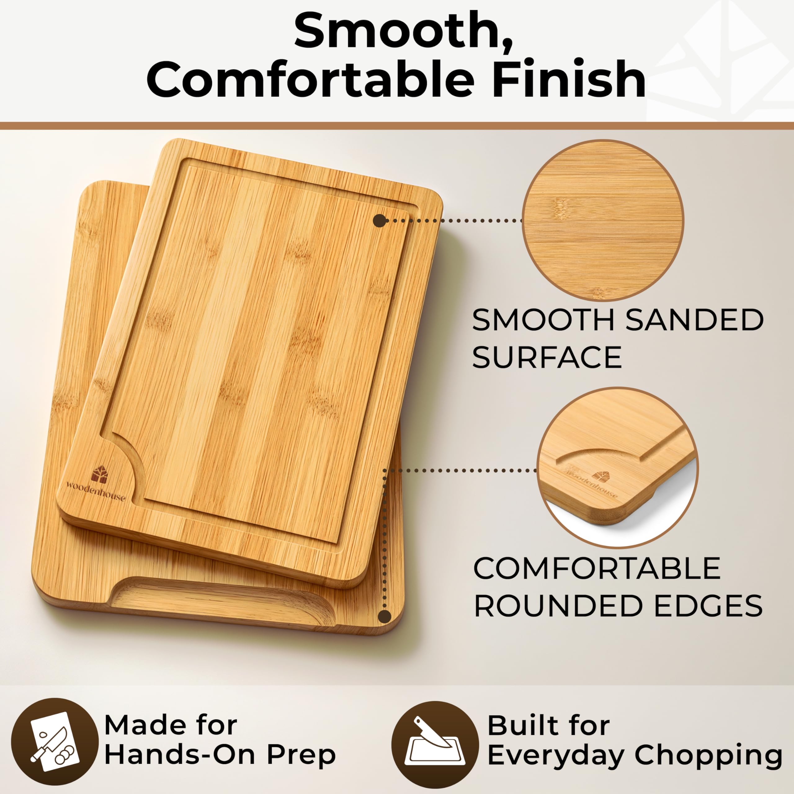 Bamboo Cutting Board Set of 3 - Thick & Durable Wood Cutting Boards with Deep Juice Grooves & Build-in Handles, Large Surface, Easy to Clean – for Meat, Vegetables and Fruits