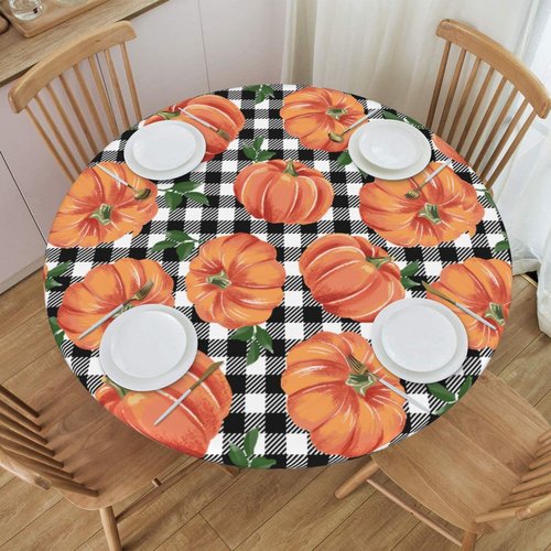 Fiokroo Autumn Pumpkins Checkerboard Tablecloth with Elastic Edge, Round Table Cloth Happy Thanksgiving Washable Reusable Table Cover for Kitchen Dining Party Picnic, Medium
