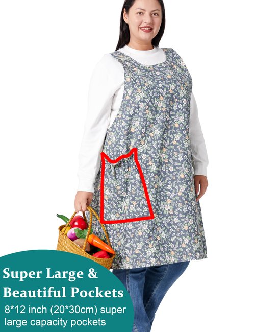 VIKIDEER Comfortable Huge Plus Size Aprons for Women Adjustable Cross Back Floral Cotton Linen Aprons Beggarticks
