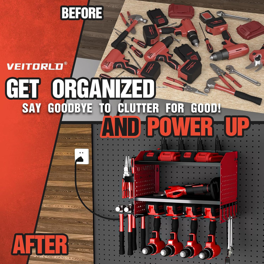 Power Tool Organizer - Heavy Duty Wall Mount Rack with Charging Station | 4 Drill Holders - Red