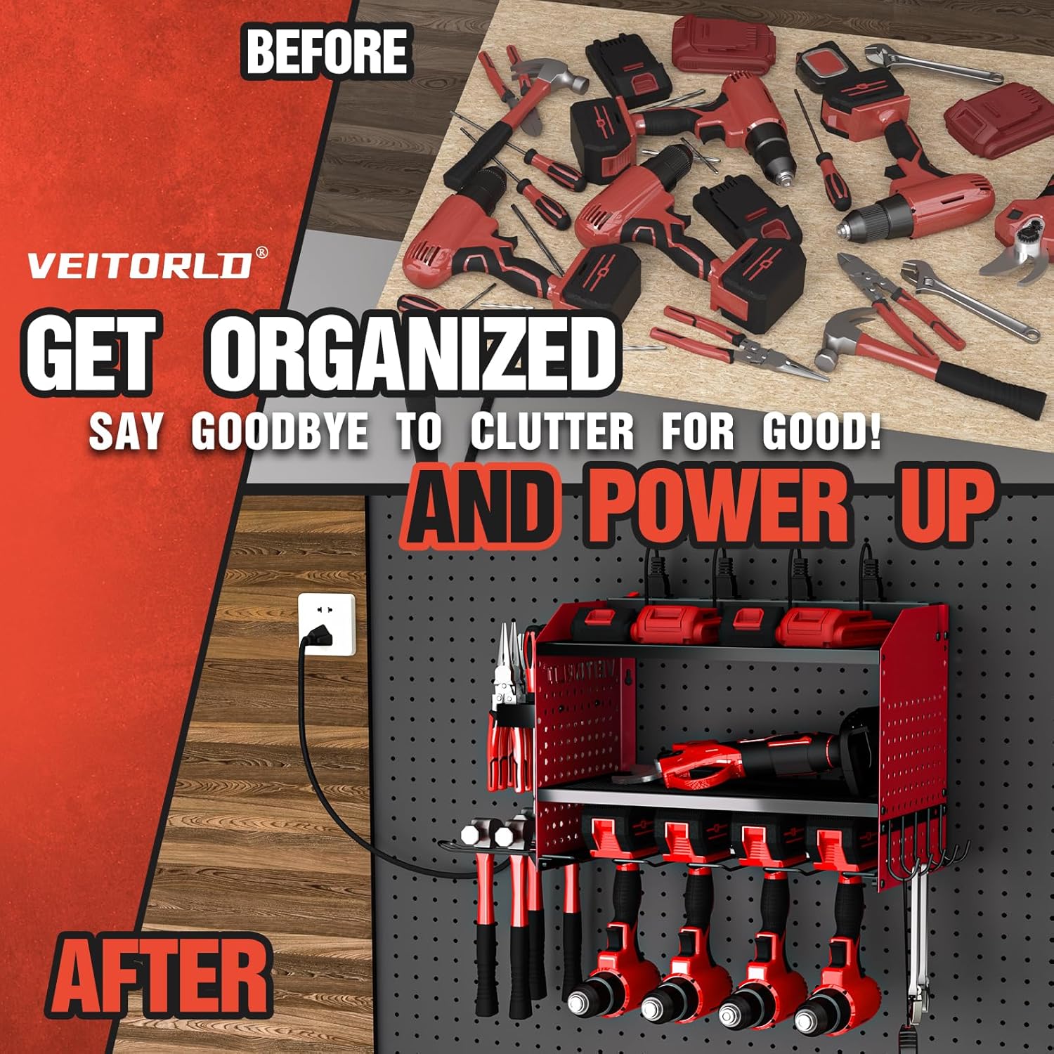 Power Tool Organizer - Heavy Duty Wall Mount Rack with Charging Station | 4 Drill Holders - Red