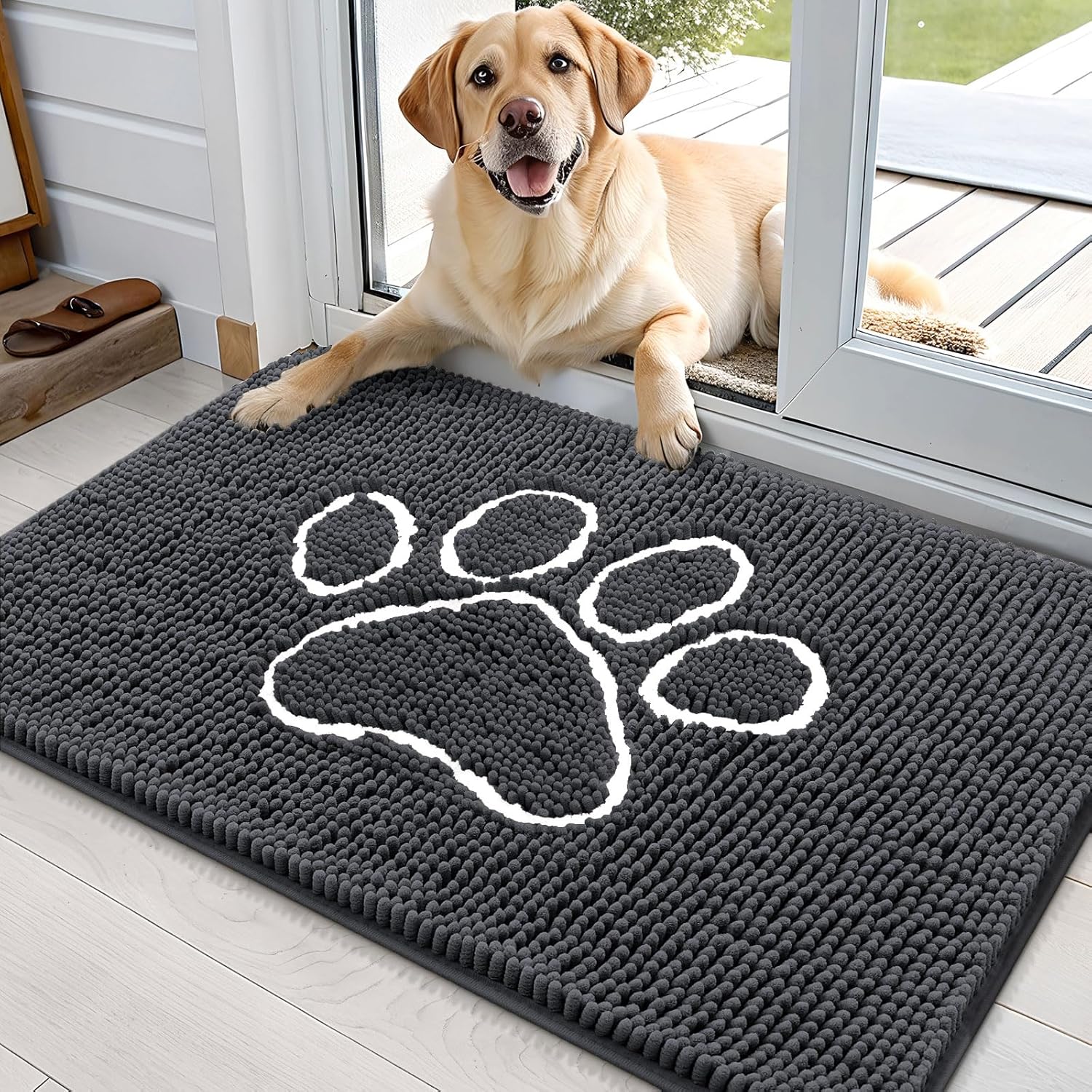 OLANLY Dog Door Mat - Absorbent Non-Slip Mud Mat for Dogs | Paw Print Design, 36x24, Dark Grey