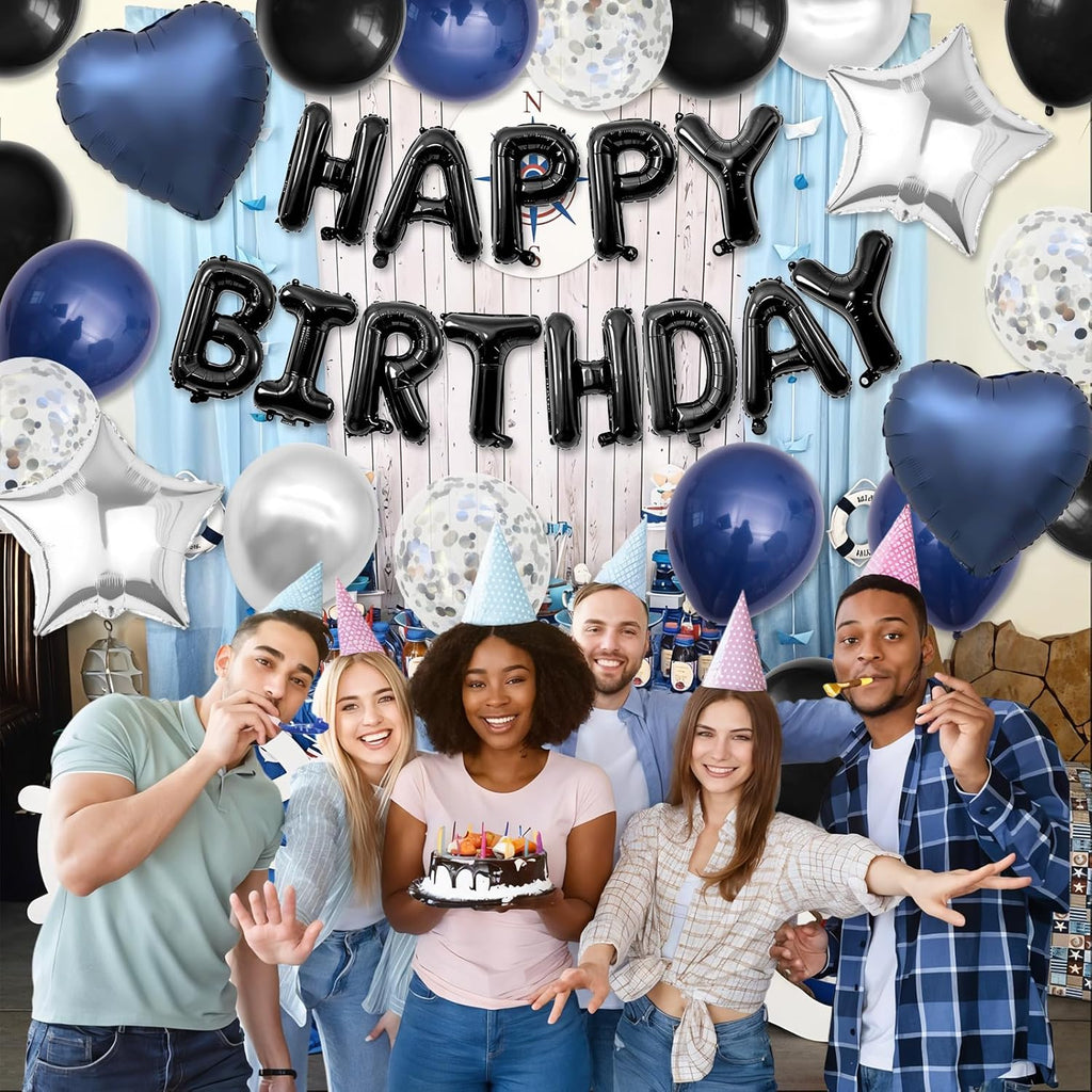 Skiennix Navy Blue & Black Birthday Decorations - Stylish Balloons & Banner Set for Men & Women