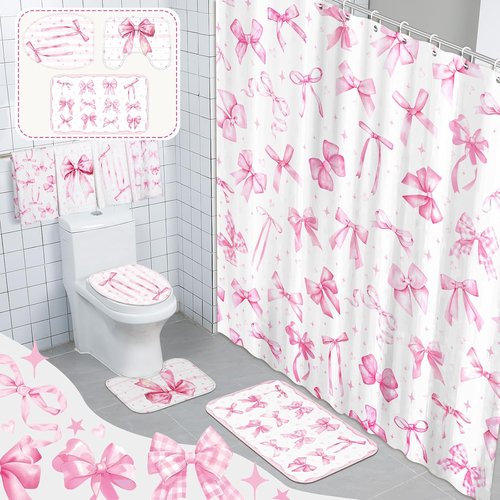 FuWeave Pink Bow Shower Curtain Set - 8 Pcs Cute Coquette Bathroom Decor with Towels & Rugs