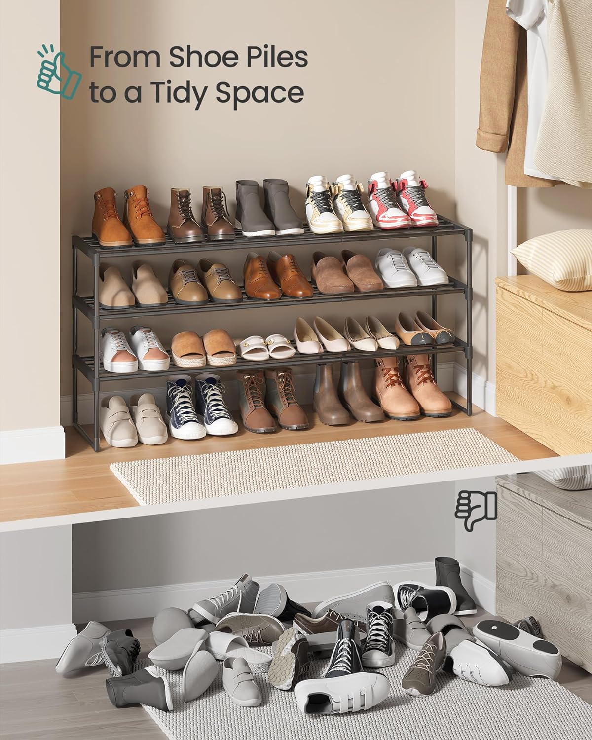 SONGMICS Shoe Rack - 3-Tier Metal Organizer for 20-24 Pairs | Stackable & Versatile Design, Black 11.8 x 46.1 x 21.7 Inches