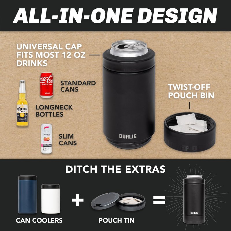 DUALIE Lower Deckie - Insulated 12 oz Can Cooler with Pouch Container - Universal Drink Holder with Built-in Pouch Bin - Black