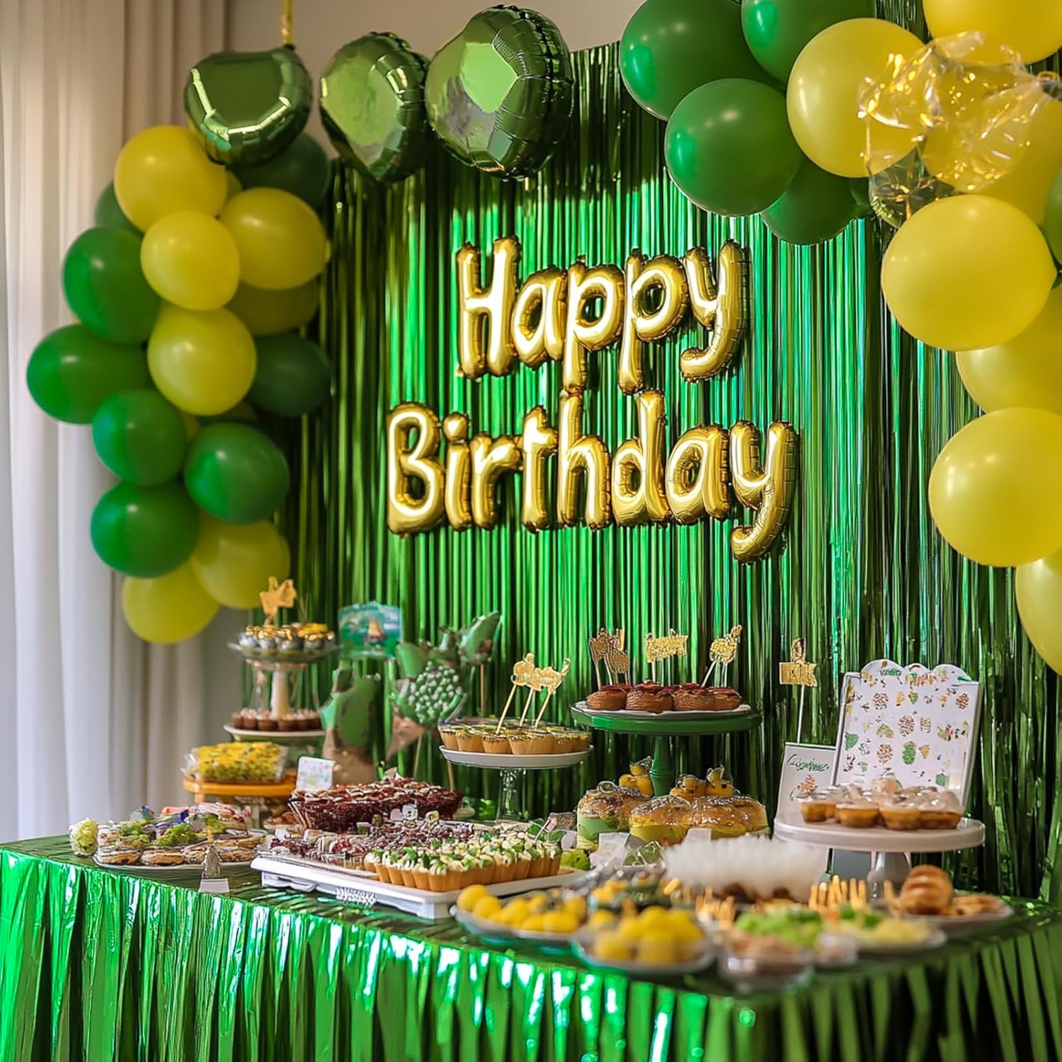 PartyWoo Green Streamers Backdrop - 3pcs Tinsel Foil Fringe Curtains | 8.2 FT for Graduation & Birthday Parties