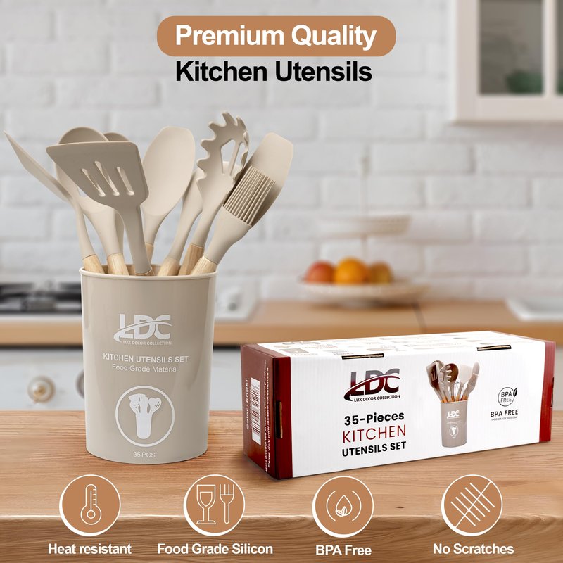 LDC Silicone Cooking Utensils Set 35 Piece with Holder - BPA Free Food Grade Silicone, Heat Resistant Wooden Handles, Cooking Spatula Set for Nonstick Cookware (Khaki)