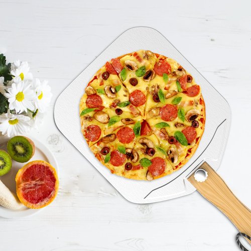 Aluminum Metal Pizza Peel, Pizza Peel 12 inch with Foldable Wood Handle, Pizza Spatula, Pizza Spatula for Oven, with Pizza Cutter, Pizza oven accessories