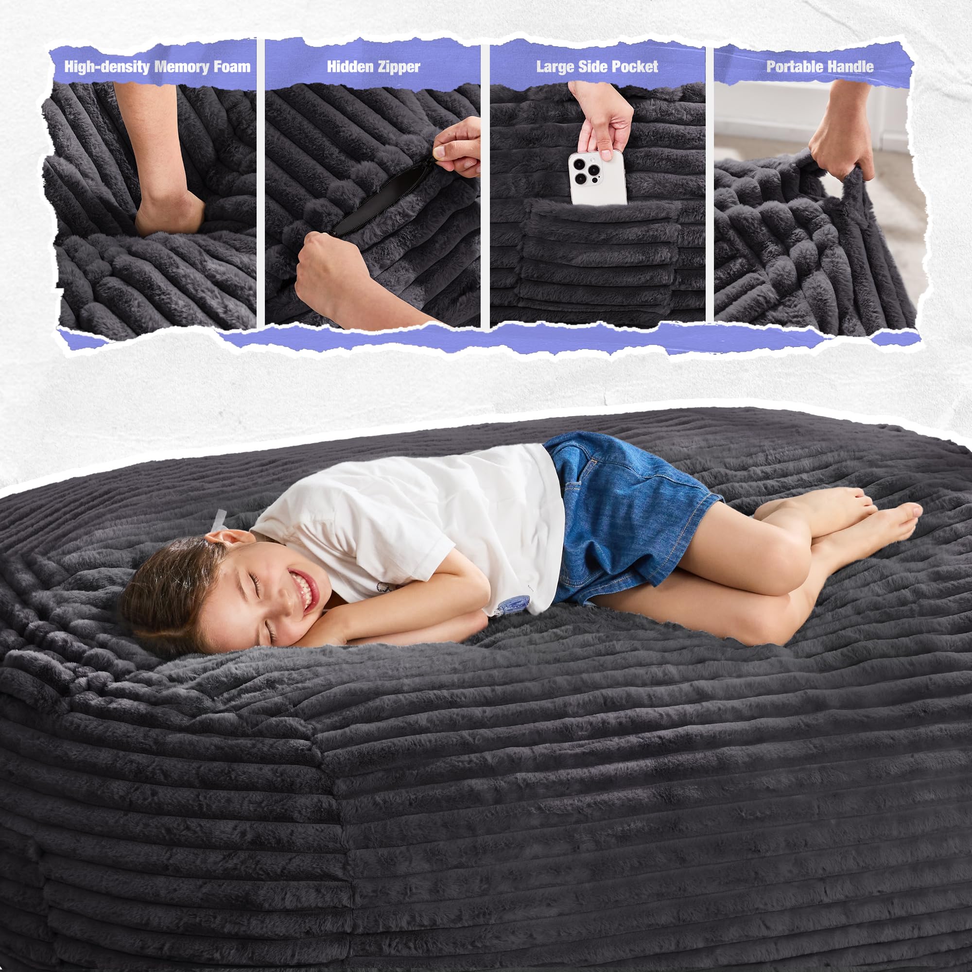 Hobestluk 3FT Bean Bag Chairs Adult Bean Bag with Portable Handle Comfy Large Bean Bag Chair with Removable Cover for Living Room Bedroom or Reading Nook (Stripe Dark Grey, 3FT)