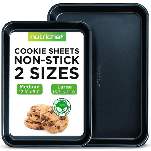NutriChef 2-Piece Baking Sheet Non Stick - Premium Carbon Steel Cookie Sheets for Baking - Large and Medium Baking Trays for Oven - Blue Diamond