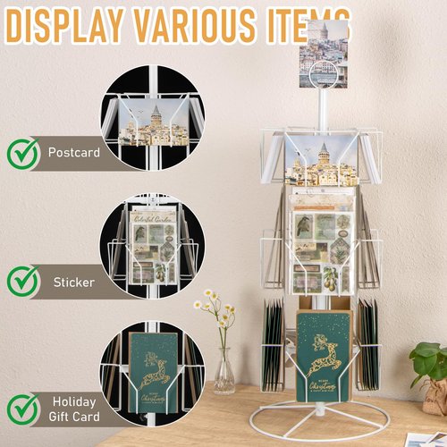 ANBOXIT Greeting Card Display Stand Rotating Rack Holder, for Postcard Sticker Retail, Metal White, 12 Display Pockets