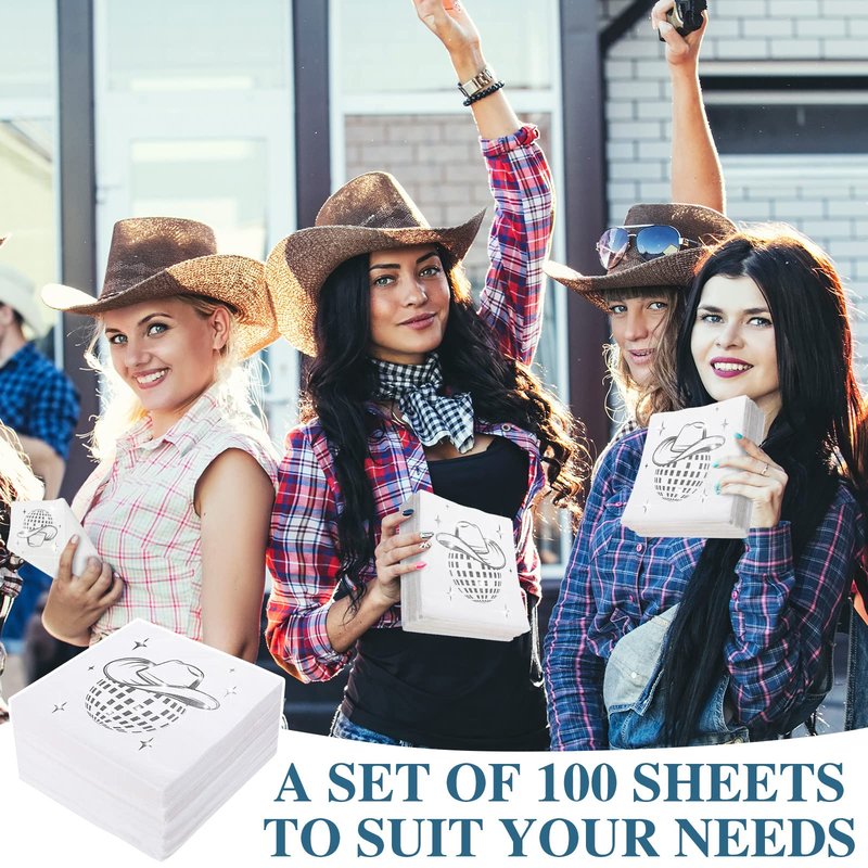 Ctosree 100 Pack Disco cowgirl Napkins 70s 80s 90s Disco Party Decorations Western Cowgirl Stylish Silver Napkins for Birthday Bachelorette Wedding (White)