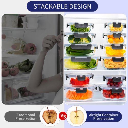 MFY 5-Pack 36 OZ Glass Storage Containers with Lids - 2 Compartment Meal Prep Set, Airtight Glass Lunch Containers, Microwave, Oven, Freezer & Dishwasher Safe, Gray