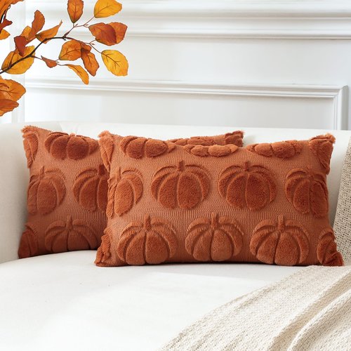 OTOSTAR Fall Pillow Covers Set of 2 Autumn Pumpkin Throw Pillow Covers for Sofa Couch Bed Living Room Soft Plush Short Wool Velvet Farmhouse Throw Pillow Covers for Halloween Rust 16x24 Inch