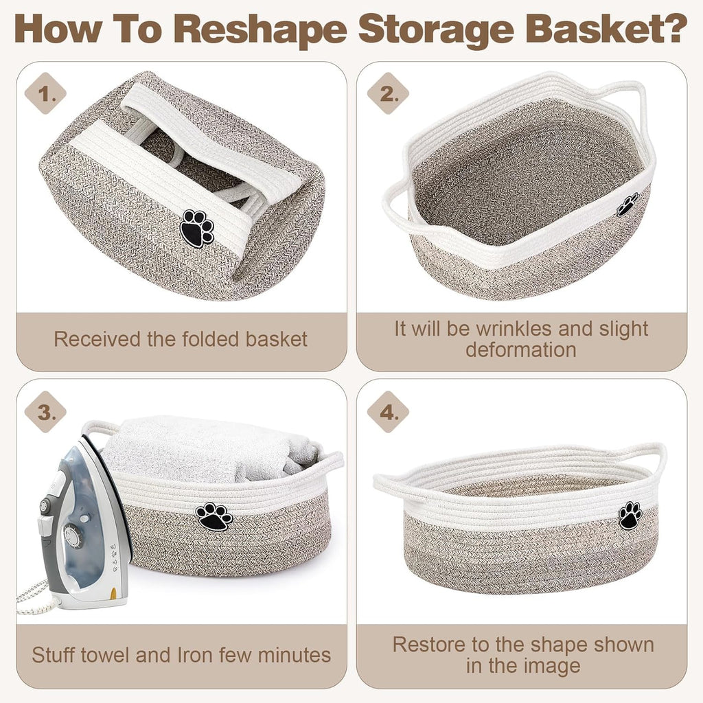 Optish Dog Toy Basket - Large Woven Rope Storage Bin for Dogs & Cats | 19.7" x 11" x 7.9" - White & Brown
