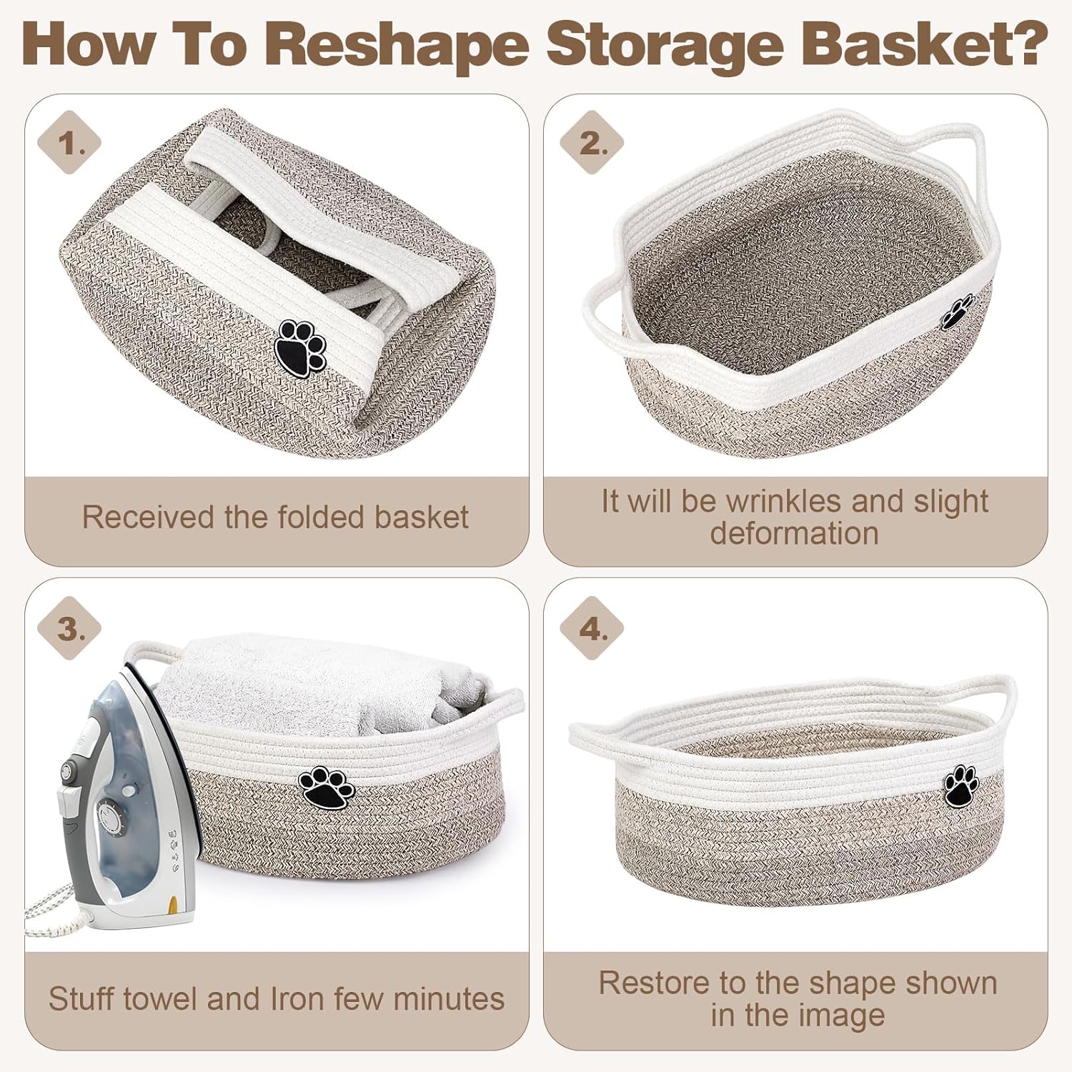 Optish Dog Toy Basket - Large Woven Rope Storage Bin for Dogs & Cats | 19.7" x 11" x 7.9" - White & Brown