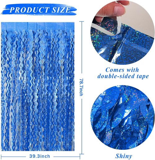 Blue Backdrop Tinsel Foil Fringe Curtains - Sparkling Metallic Party Decorations | Ocean Theme Birthday Decor