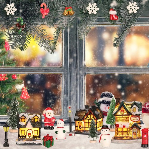 Liliful Christmas Village House Set - 46 Pcs Lighted LED Figurines for Holiday Decor | Rustic Desktop Ornaments
