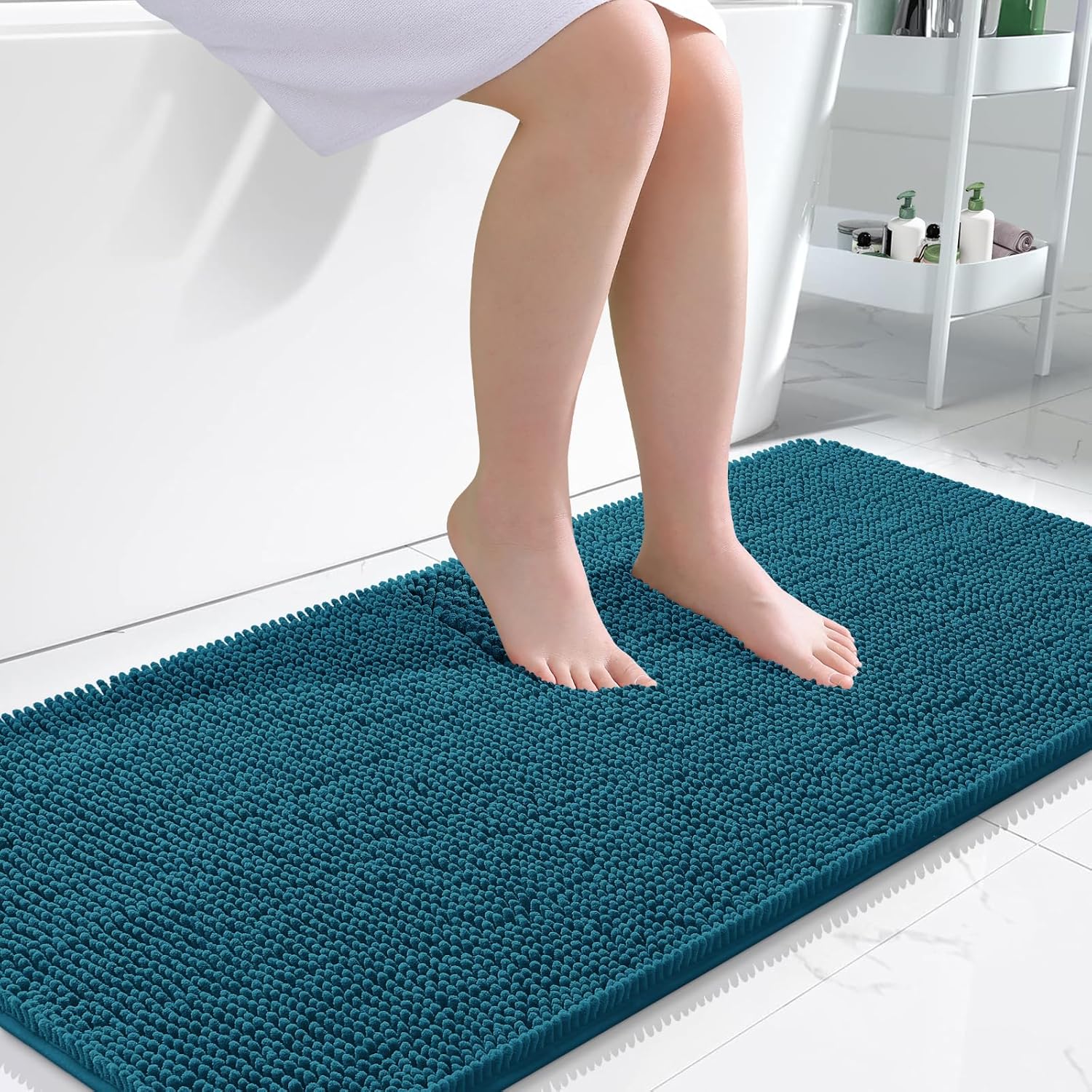OLANLY Bathroom Runner Rugs - Soft Absorbent Chenille Bath Mats | Quick Dry, Machine Washable, 47x24 in Peacock Blue