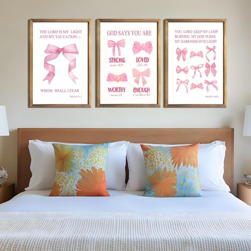 JBZDD Christian Pink Bow Wall Art - Set of 3 Unframed Inspirational Bible Verse Prints | 12x16in for Girls' Room Decor