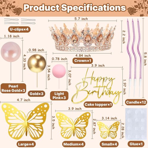 AMZVALU Crown Cake Topper - Elegant Rose Gold Birthday Decoration for Women & Girls | Perfect for Celebrations