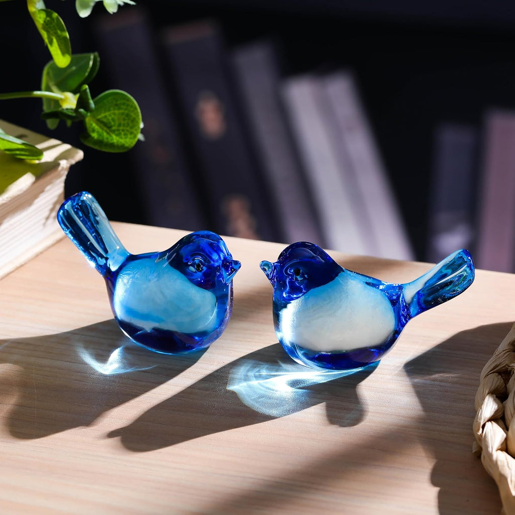 Qianwei Crystal Bird Figurines - Handmade Blown Glass Collectibles for Office Desk Decor | 2pcs Sky Blue