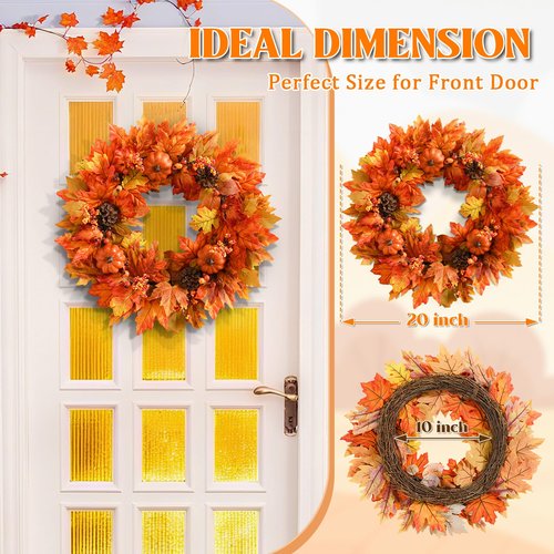2 Pack Fall Wreaths for Front Door, 20 Inch Autumn Wreath with Pumpkins Maple Leaves for Harvest Home Outdoor Thanksgiving Wall Decor