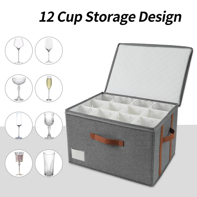 Asitdroh Stemware storage containers, wine glass storage box ，wine glass storage box with dividers，glass storage containers，Holds 12 Red or White Wine Glasses, Hard Top and Sides(Grey red,