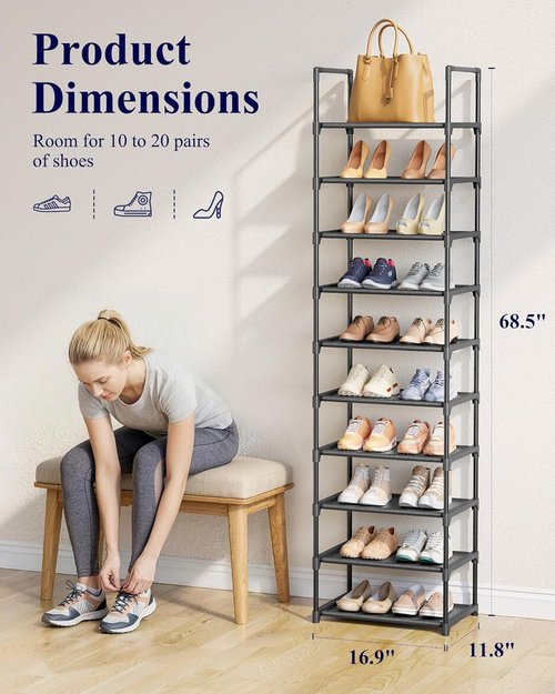 Kitsure Shoe Rack - 10-Tier Tall Organizer with Detachable Fabric Shelves | 16.9" Wide, Black