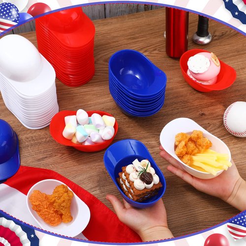 Roshtia 144 Pcs Baseball Helmet Ice Cream Bowl Bulk, 8 oz Mini Baseball Cap Dessert Bowls Plastic Small Sundae Disposable Snack Helmets Cups for Birthday Party Favor Supplies, Red, Dark Blue, White