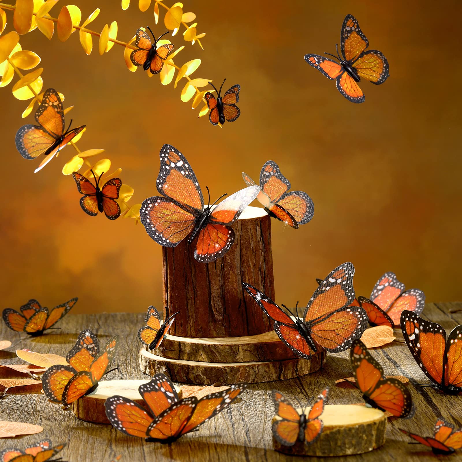 48 Pieces 4 Size Monarch Butterfly Decorations Artificial Fake Magnetic Monarch Butterfly Decal 3D Stickers for Autumn Halloween Day of The Dead Ofrenda Decorations Wall Home Wedding (Orange)